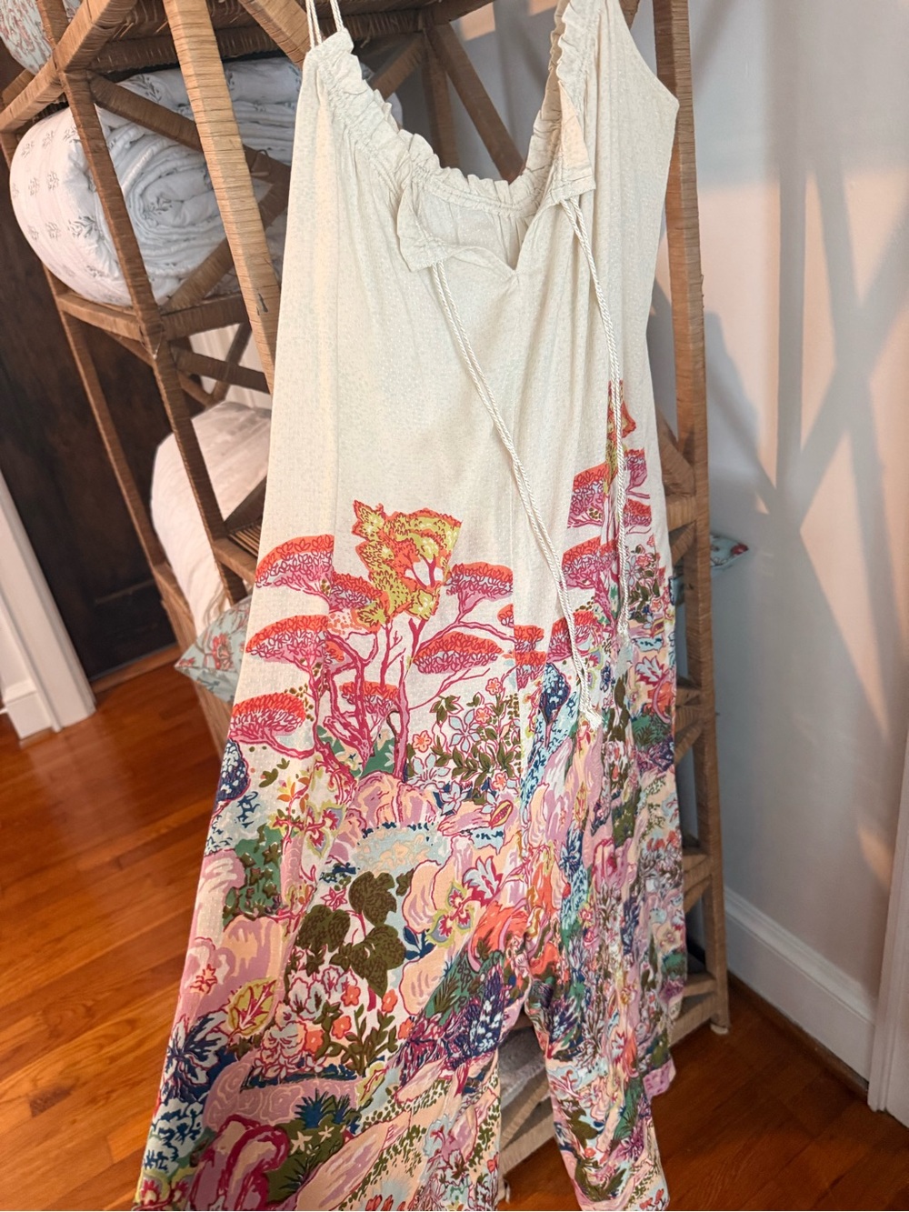 Anthropologie Cream Maxi Dress with Pink & Multicolor Floral Border